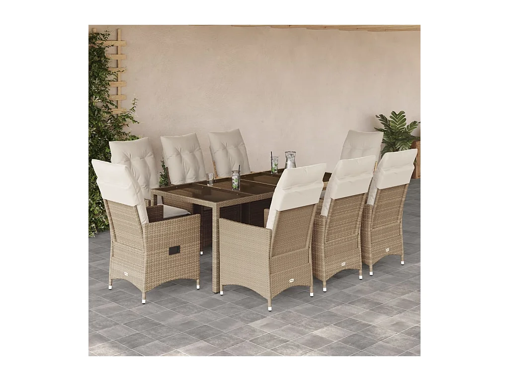 Ensemble à manger de jardin et coussins 9 pcs beige Poly rotin
