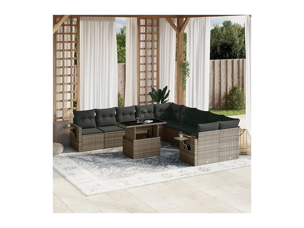 Set Divani da Giardino 11 pz con Cuscini in Polyrattan Grigio