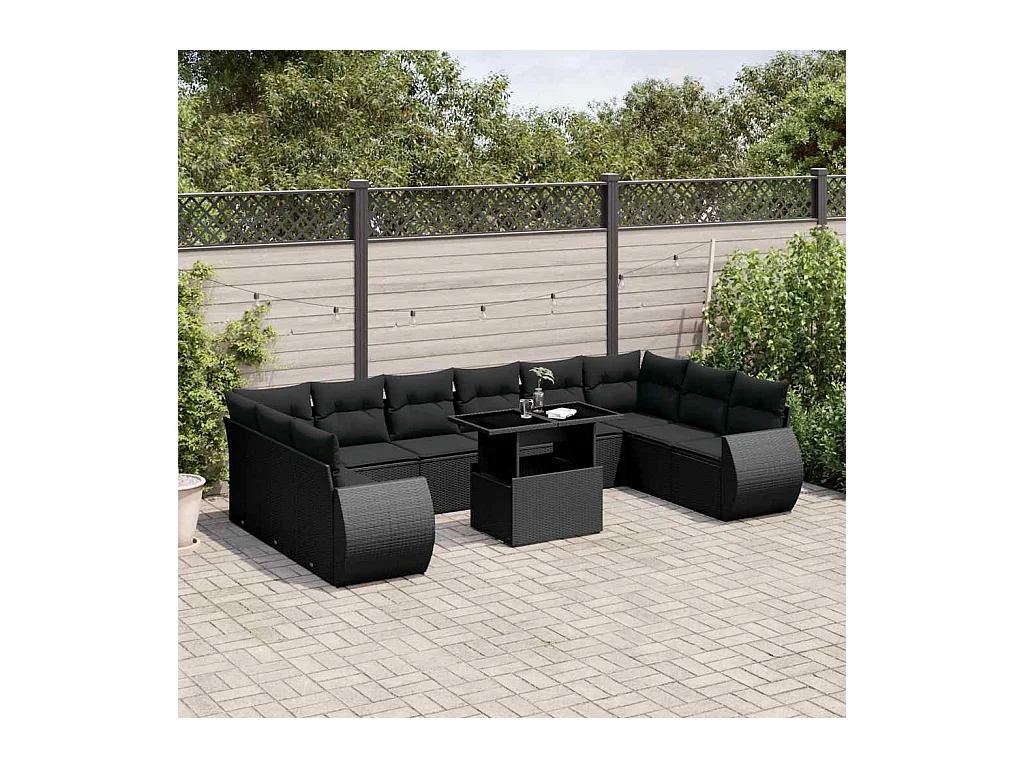 Salon de jardin 11 pcs avec coussins noir résine tressée