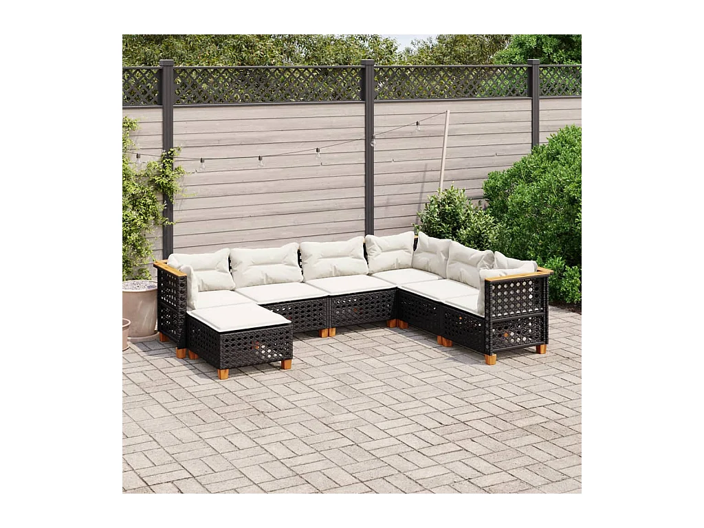 7-delige Loungeset met kussens poly rattan zwart