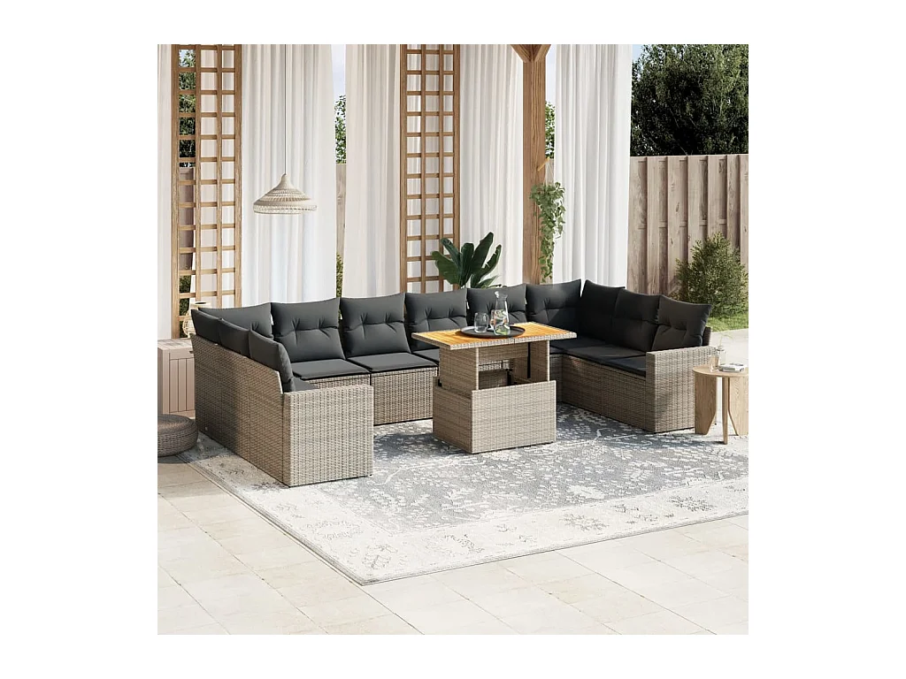 11-delige Loungeset met kussens poly rattan grijs