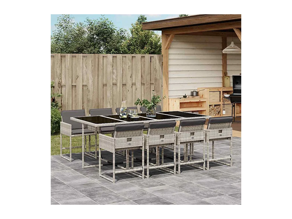Ensemble à manger de jardin et coussins 9 pcs gris clair rotin