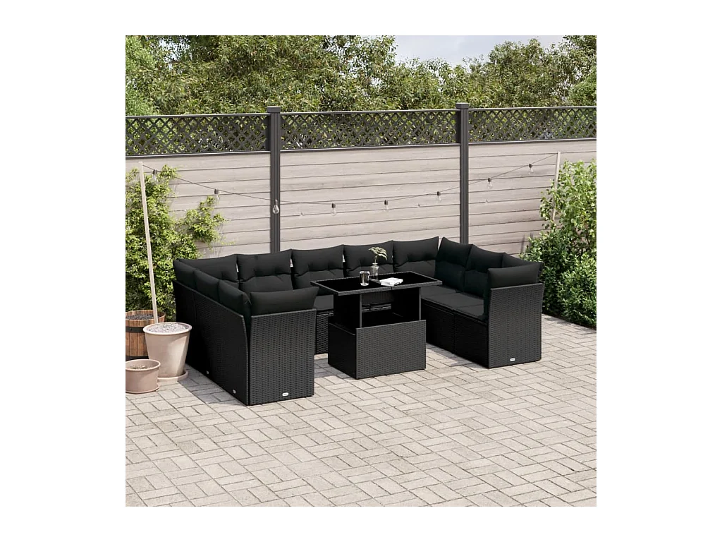 Set Divani da Giardino 10pz con Cuscini in Polyrattan Nero