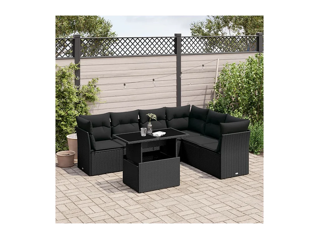 Salon de jardin 7 pcs avec coussins noir résine tressée