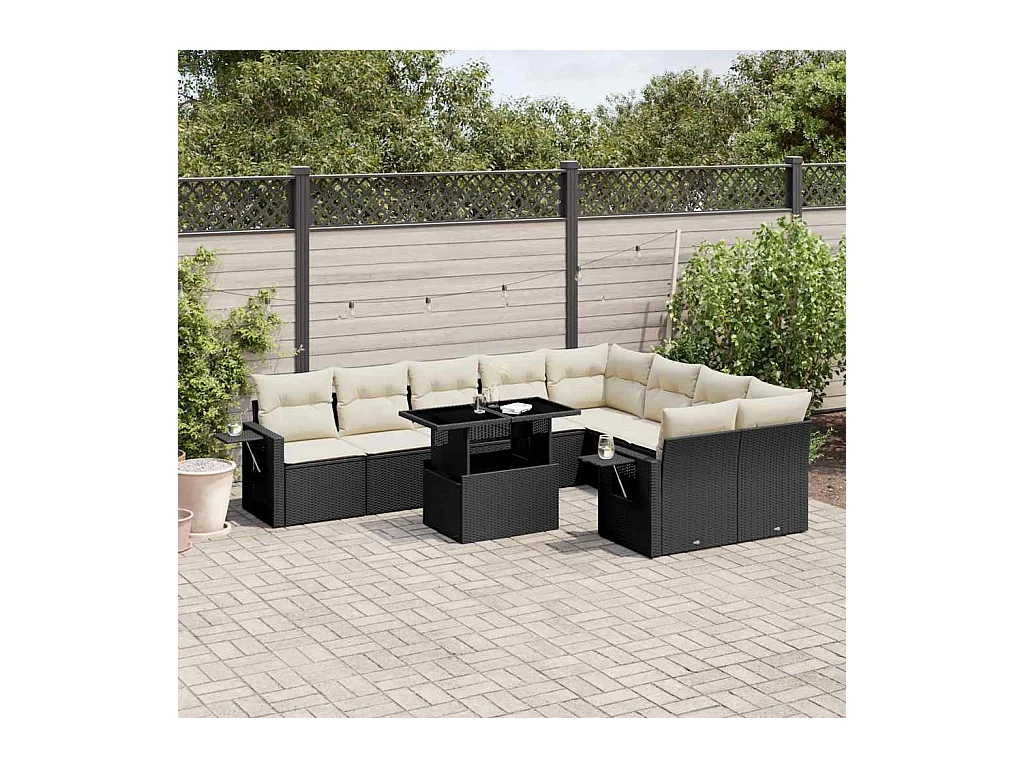 10-tlg. Garten-Sofagarnitur mit Kissen Schwarz Poly Rattan