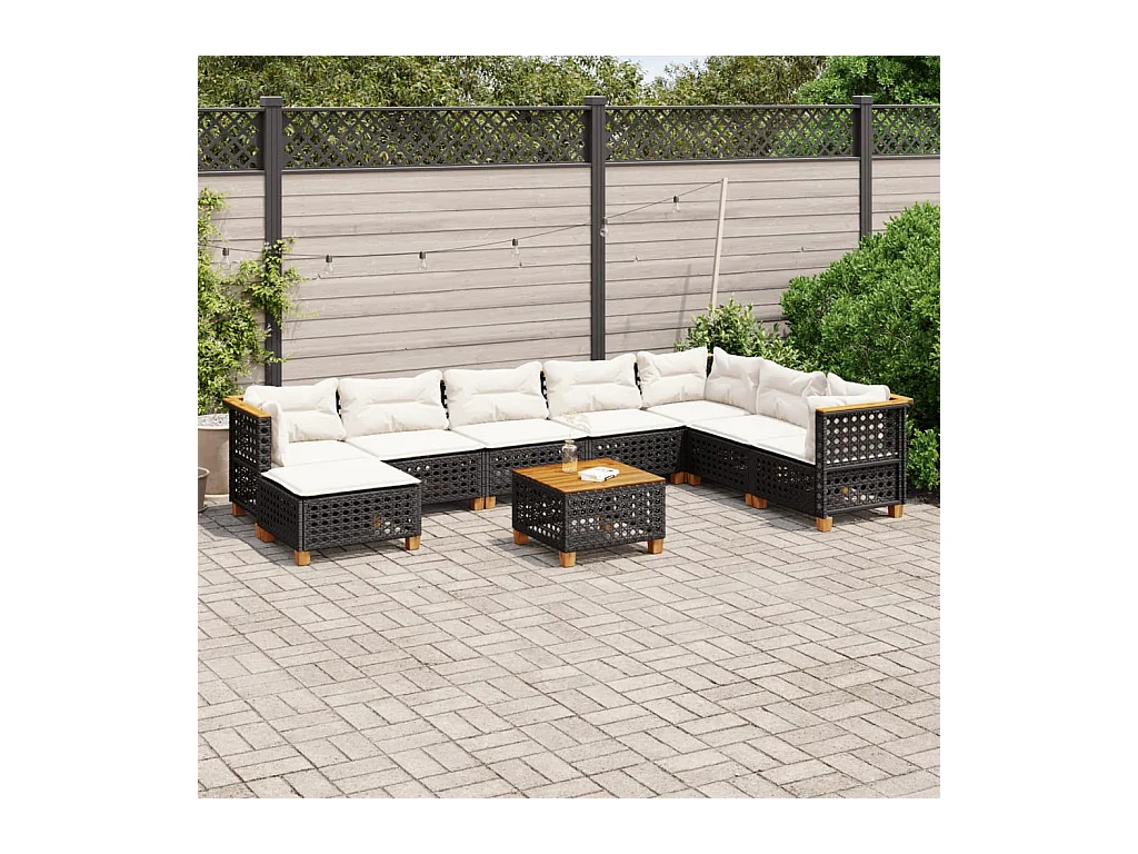 9-delige Loungeset met kussens poly rattan zwart