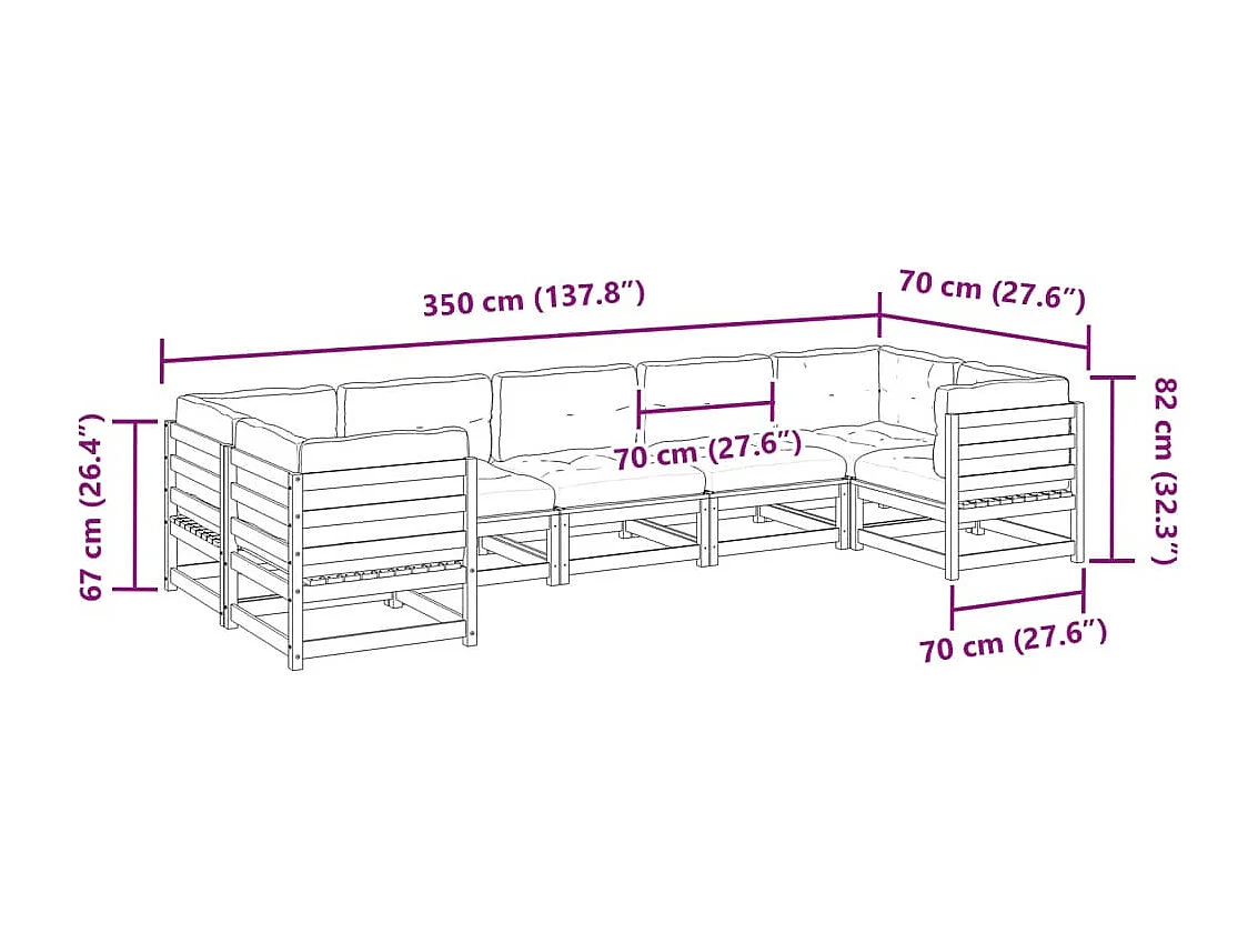 Salon de jardin 7 pcs avec coussins bois de pin massif