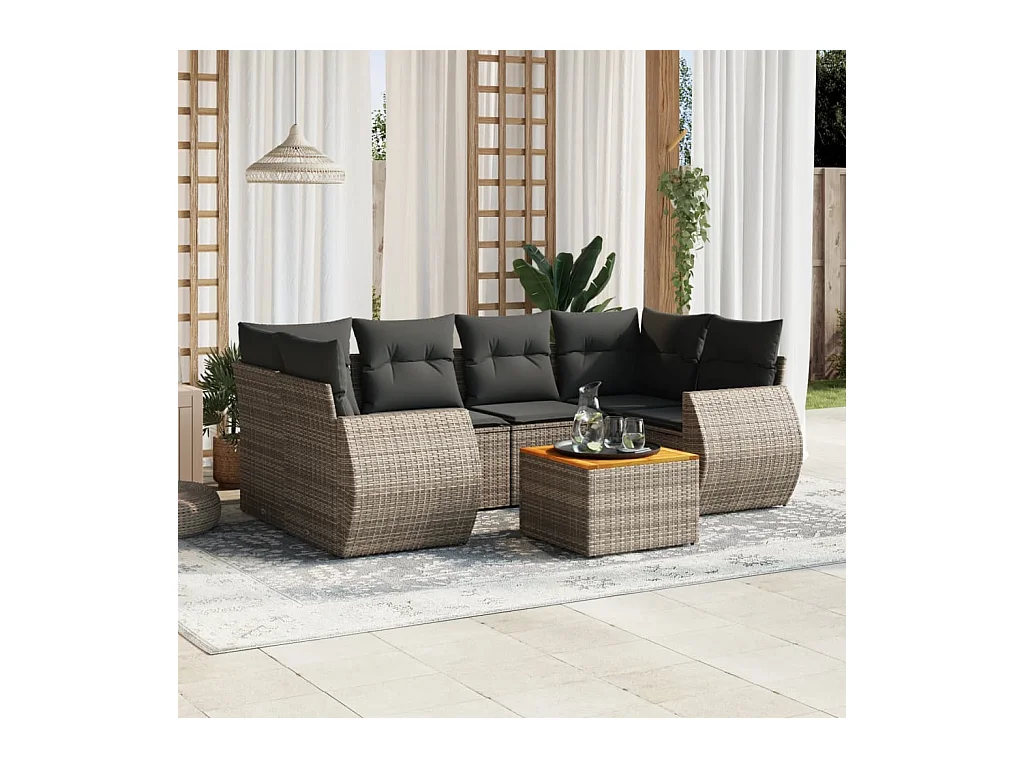 Salon de jardin avec coussins 7 pcs gris résine tressée