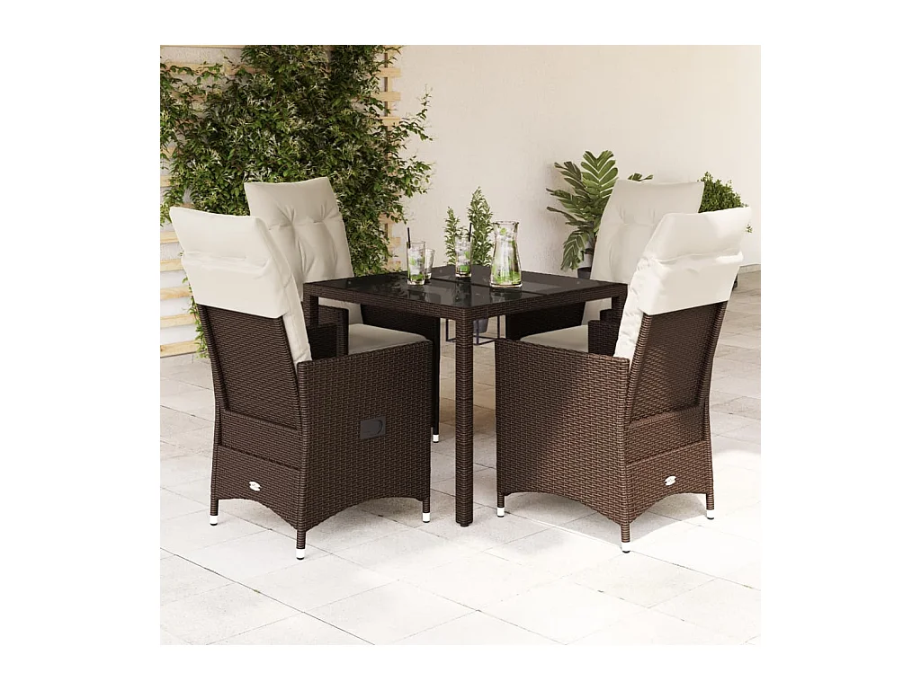 Set da Pranzo da Giardino 5pz con Cuscini in Polyrattan Marrone