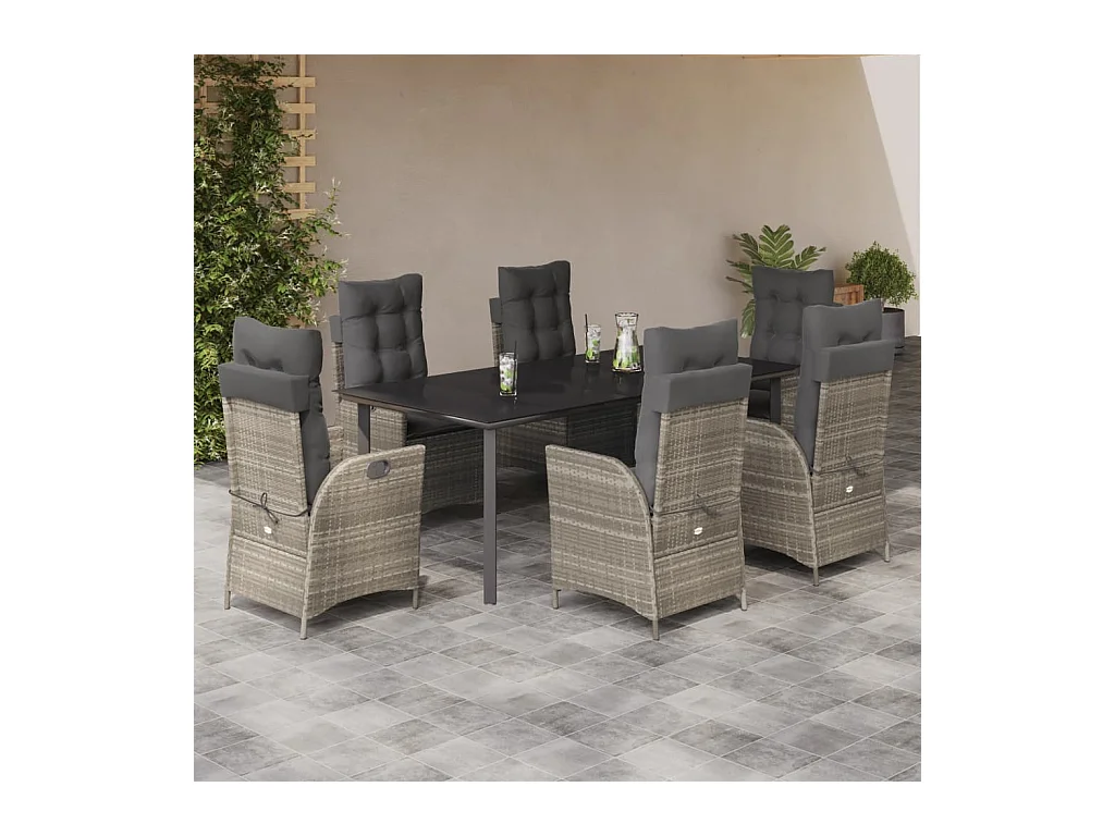 7-tlg. Garten-Essgruppe mit Kissen Hellgrau Poly Rattan