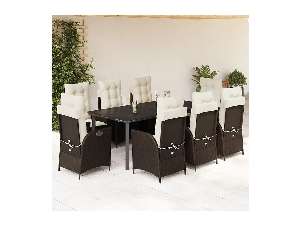 Ensemble à manger de jardin et coussins 9 pcs marron poly rotin