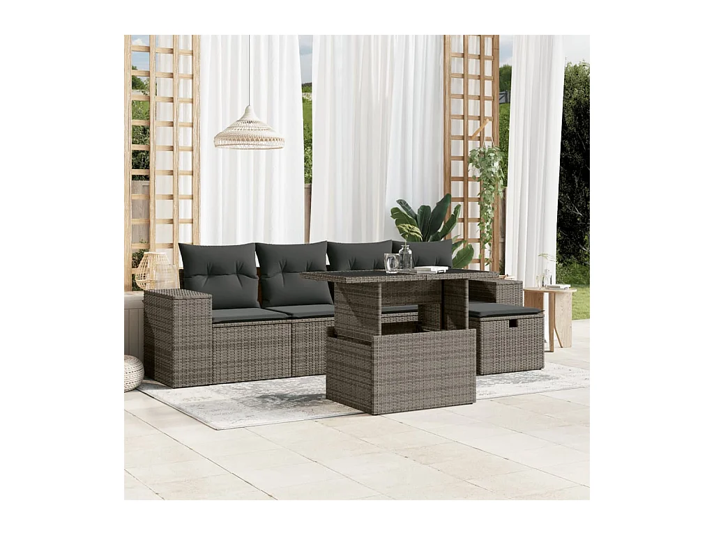 Salon de jardin 6 pcs avec coussins gris résine tressée