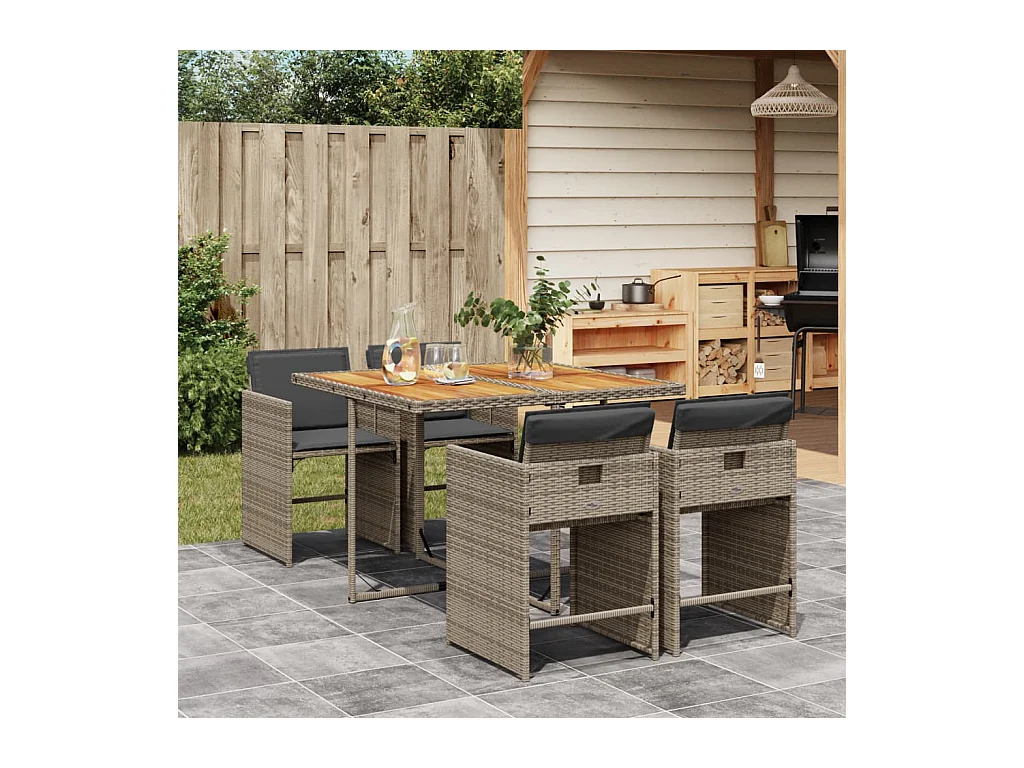 Set da Pranzo da Giardino 5 pz con Cuscini in Polyrattan Grigio