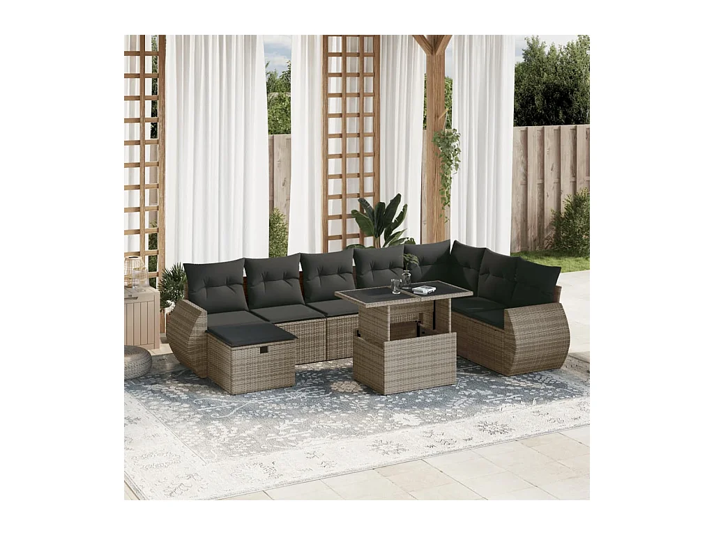 9-tlg. Garten-Sofagarnitur mit Kissen Grau Poly Rattan