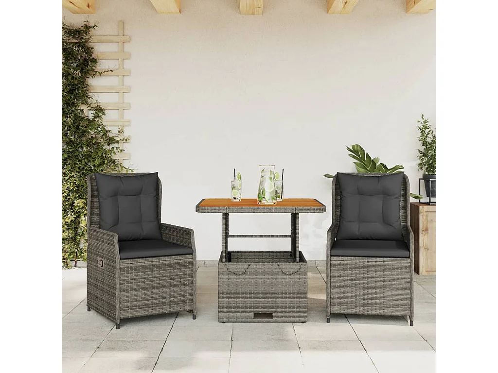 3-delige Bistroset met kussens poly rattan grijs