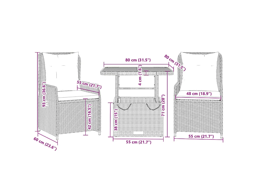3-delige Bistroset met kussens poly rattan grijs