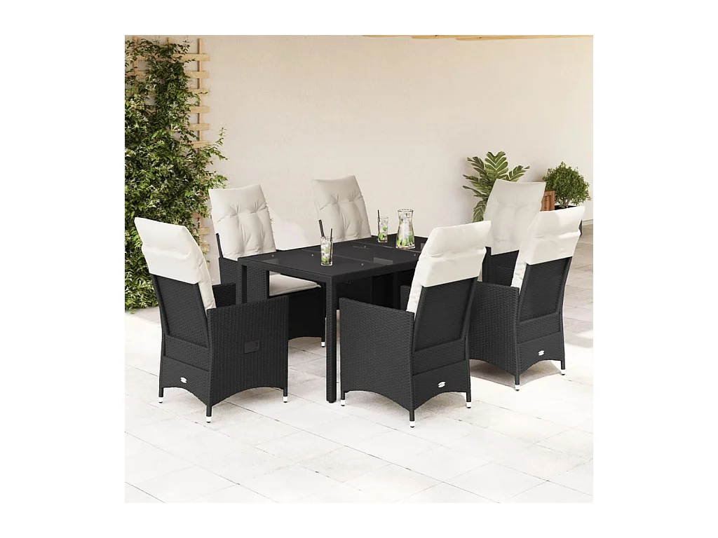 Set da Pranzo da Giardino 7 pz Nero con Cuscini in Polyrattan