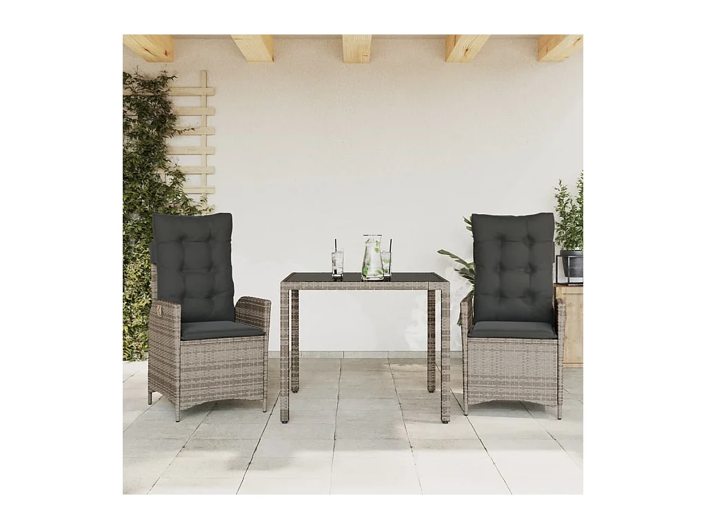 3-tlg. Garten-Essgruppe mit Kissen Grau Poly Rattan