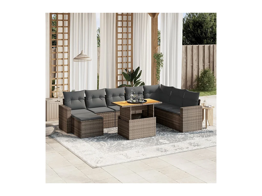 9-delige Loungeset met kussens poly rattan grijs