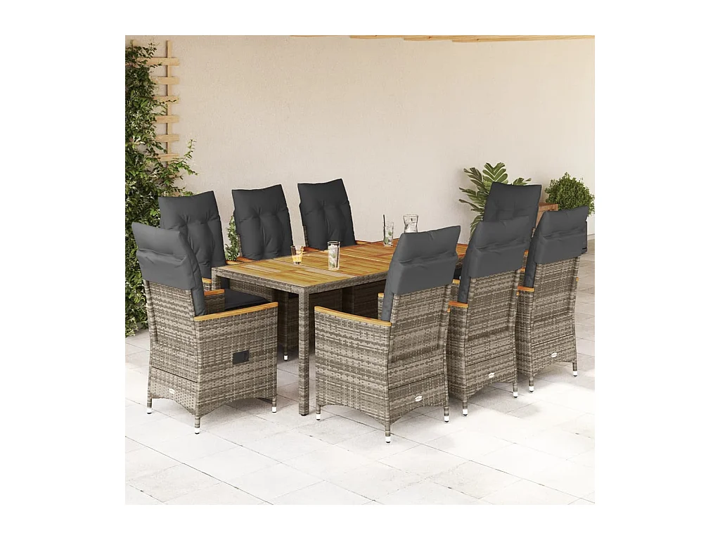 Set da Pranzo da Giardino 9 pz con Cuscini in Polyrattan Grigio