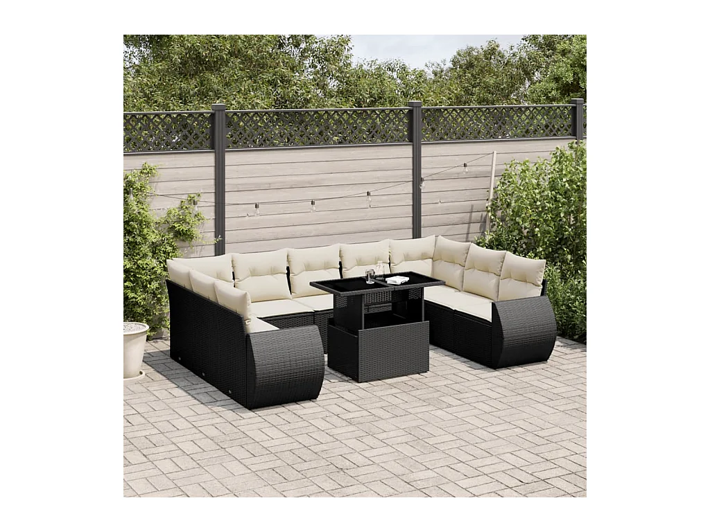 Salon de jardin 10 pcs avec coussins noir résine tressée