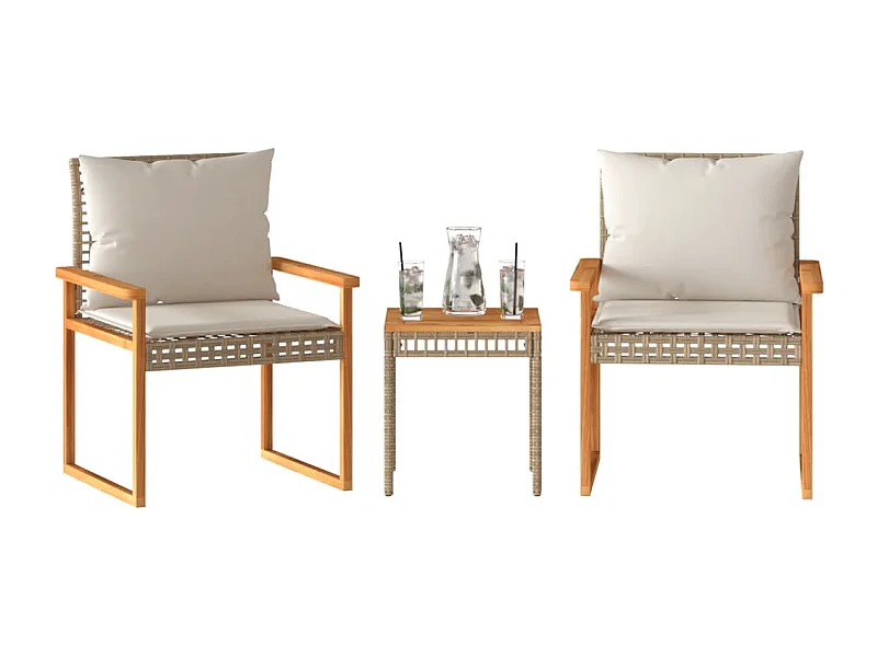 Set da Bistrò 3 pz con Cuscini Beige Misto Polyrattan e Acacia