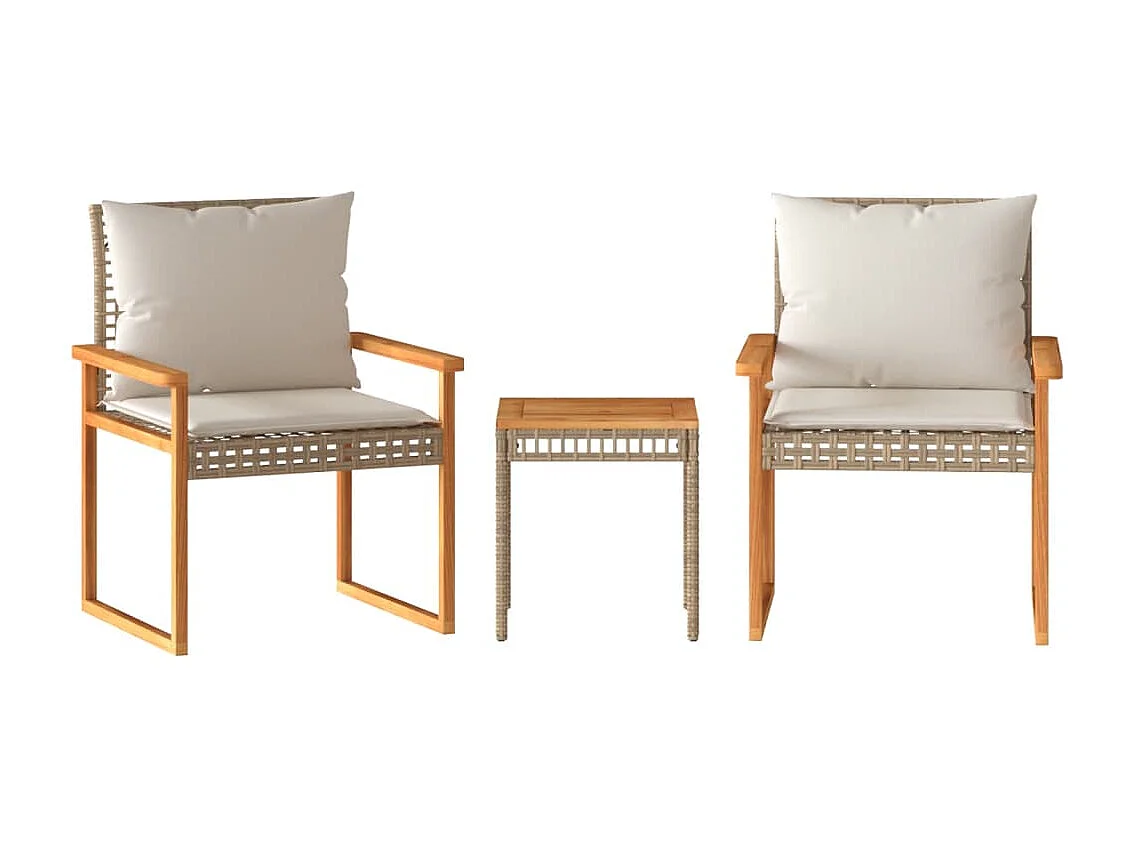 3-tlg. Bistro-Set mit Kissen Beige Poly Rattan Akazienholz