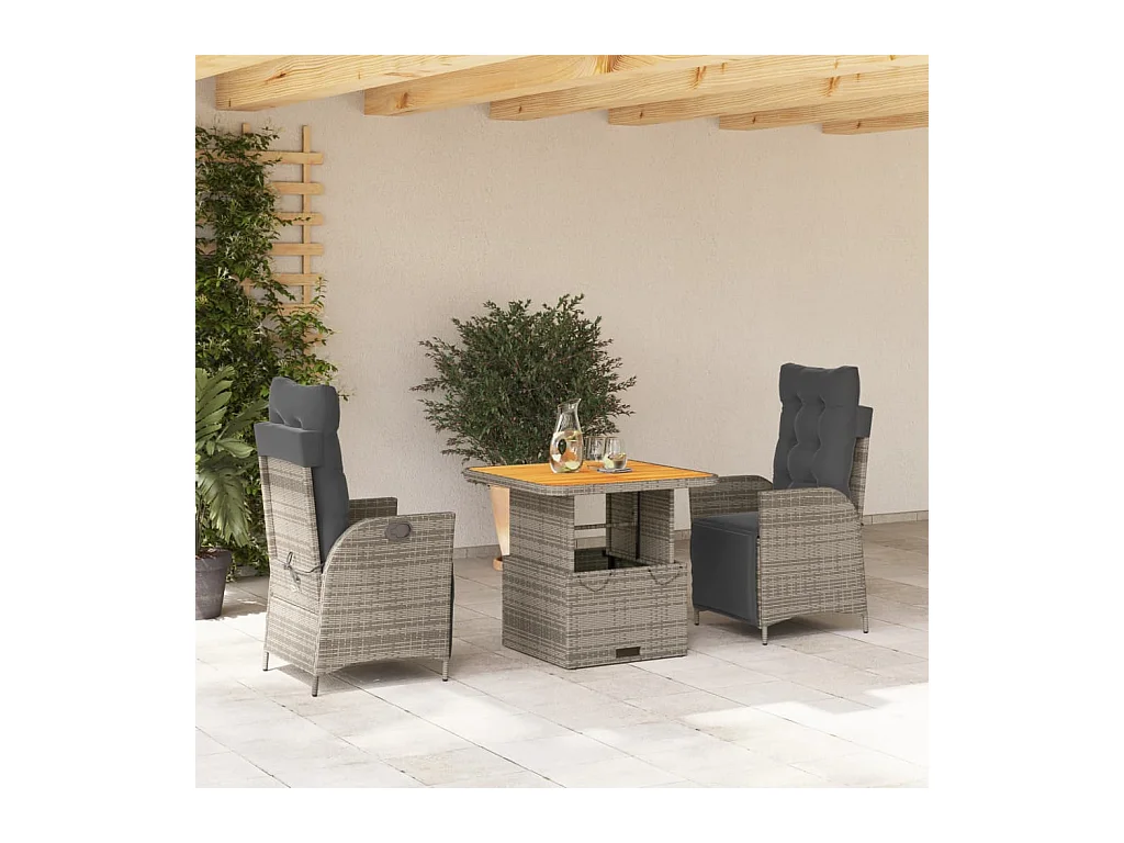 Set da Pranzo da Giardino 3 pz con Cuscini in Polyrattan Grigio