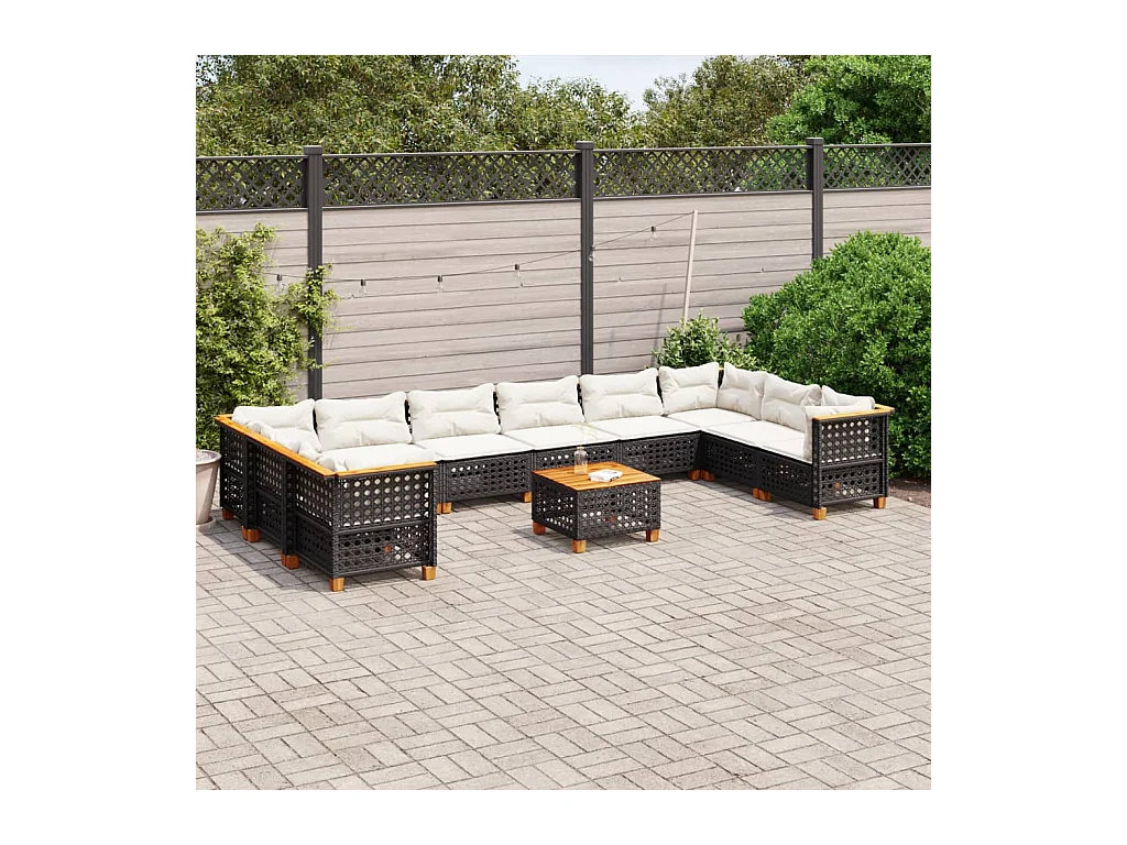 11-tlg. Garten-Sofagarnitur mit Kissen Schwarz Poly Rattan