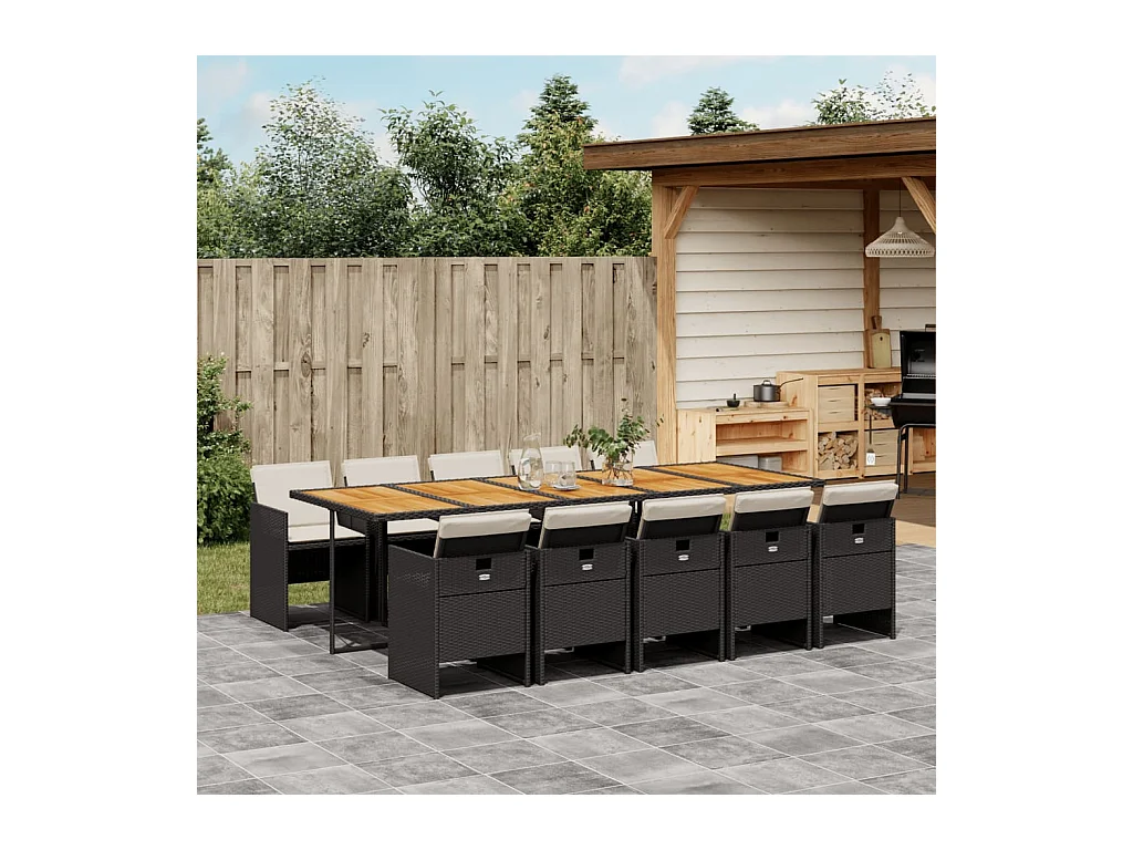 Set da Pranzo da Giardino 11 pz con Cuscini in Polyrattan Nero
