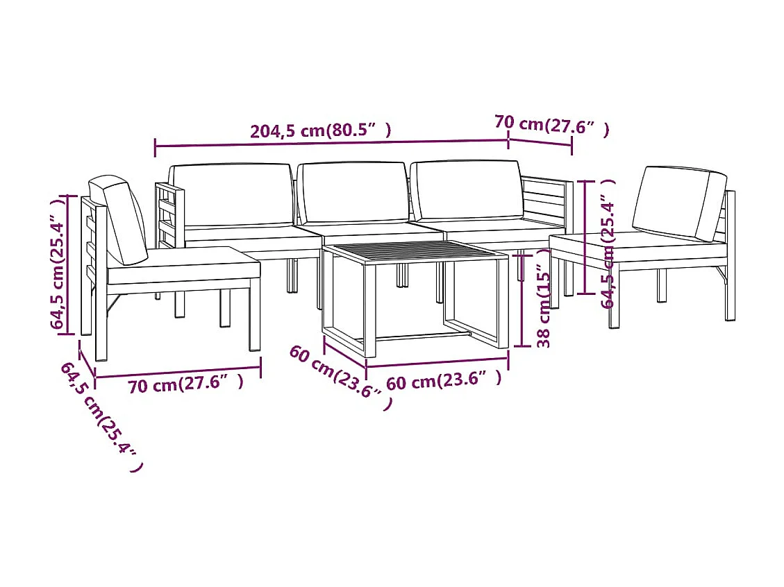 6 pcs conjunto lounge jardim com almofadões alumínio antracite