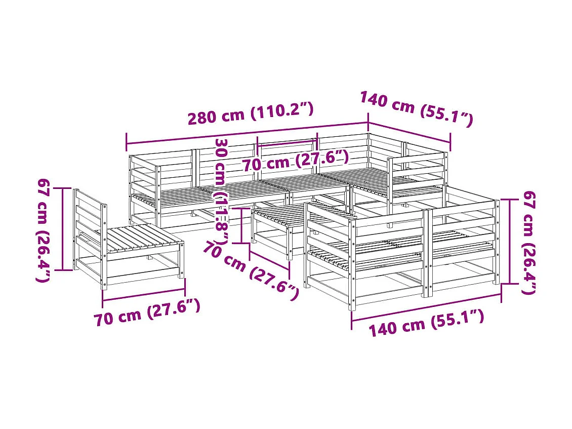 Salon de jardin 9 pcs bois de pin massif