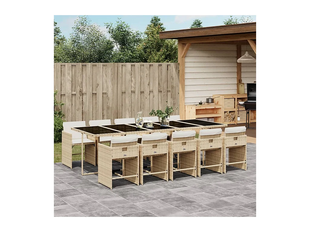 Ensemble à manger de jardin et coussins 11 pcs beige poly rotin