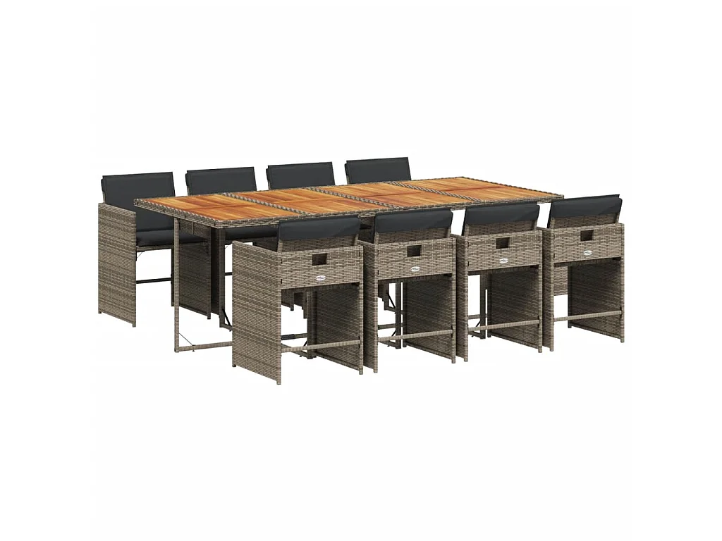 9 pcs conjunto de jantar p/ jardim c/ almofadões vime PE cinza