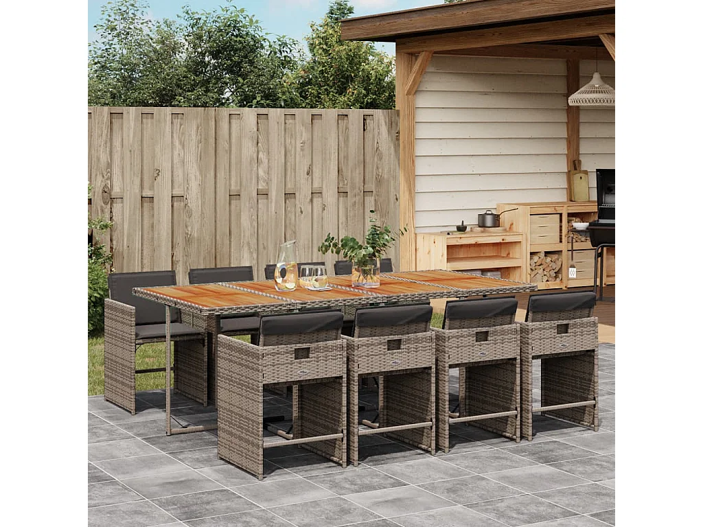 9 pcs conjunto de jantar p/ jardim c/ almofadões vime PE cinza