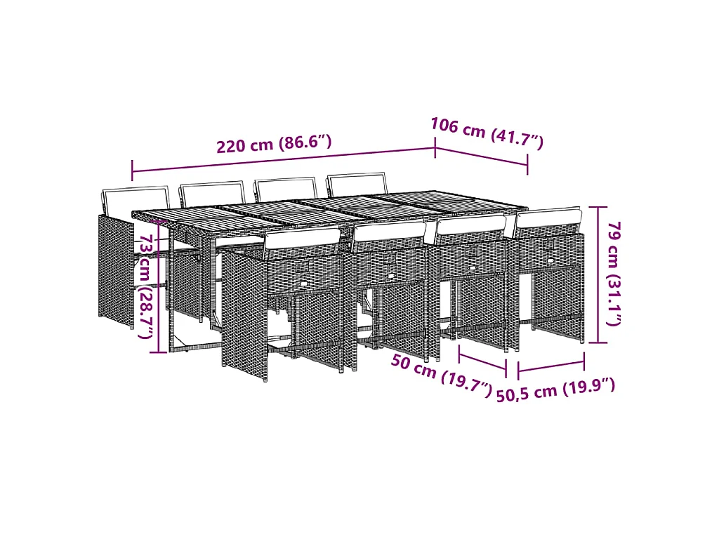 9 pcs conjunto de jantar p/ jardim c/ almofadões vime PE cinza