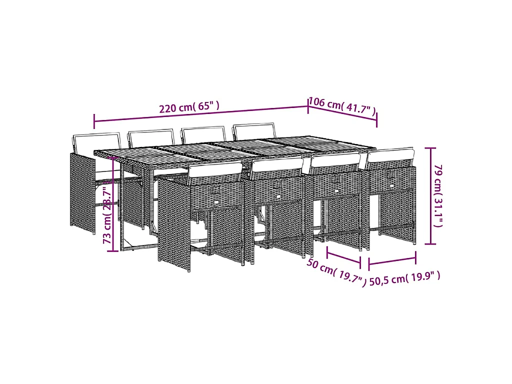 9 pcs conjunto de jantar p/ jardim c/ almofadões vime PE cinza