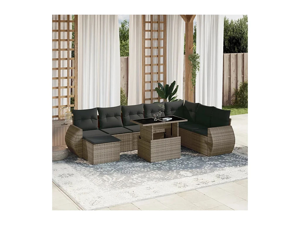 Salon de jardin 9 pcs avec coussins gris résine tressée