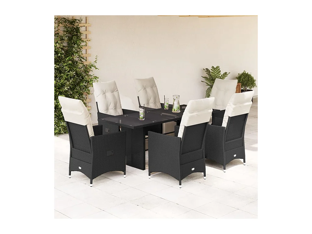Set da Pranzo da Giardino 7 pz Nero con Cuscini in Polyrattan