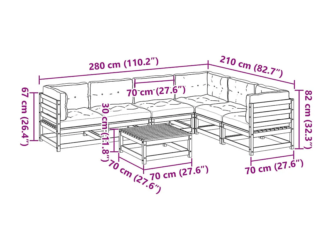 Set Divani da Giardino 7pz con Cuscini Legno Impregnato di Pino