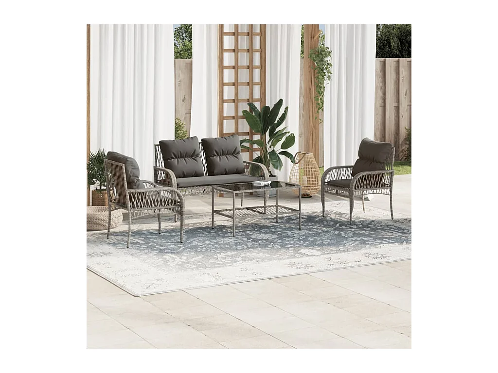 4-delige Loungeset met kussens poly rattan grijs