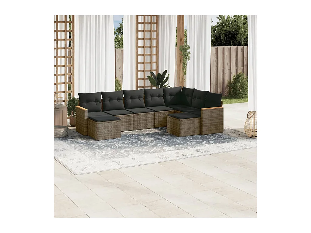 Set Divano da Giardino 9 pz con Cuscini Grigio in Polyrattan