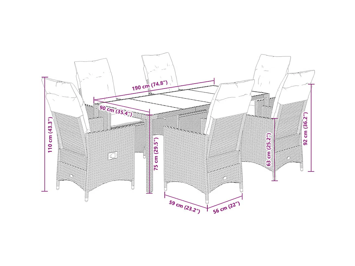 Set da Pranzo da Giardino 7 pz con Cuscini Beige in Polyrattan