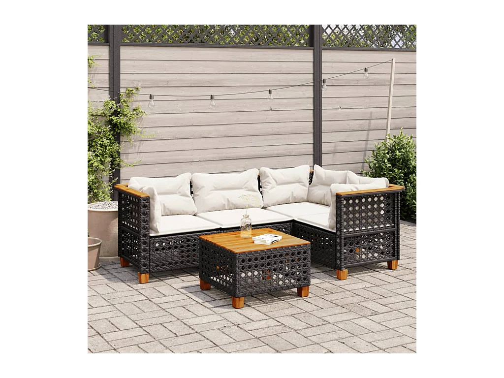 Salon de jardin 5 pcs avec coussins noir résine tressée
