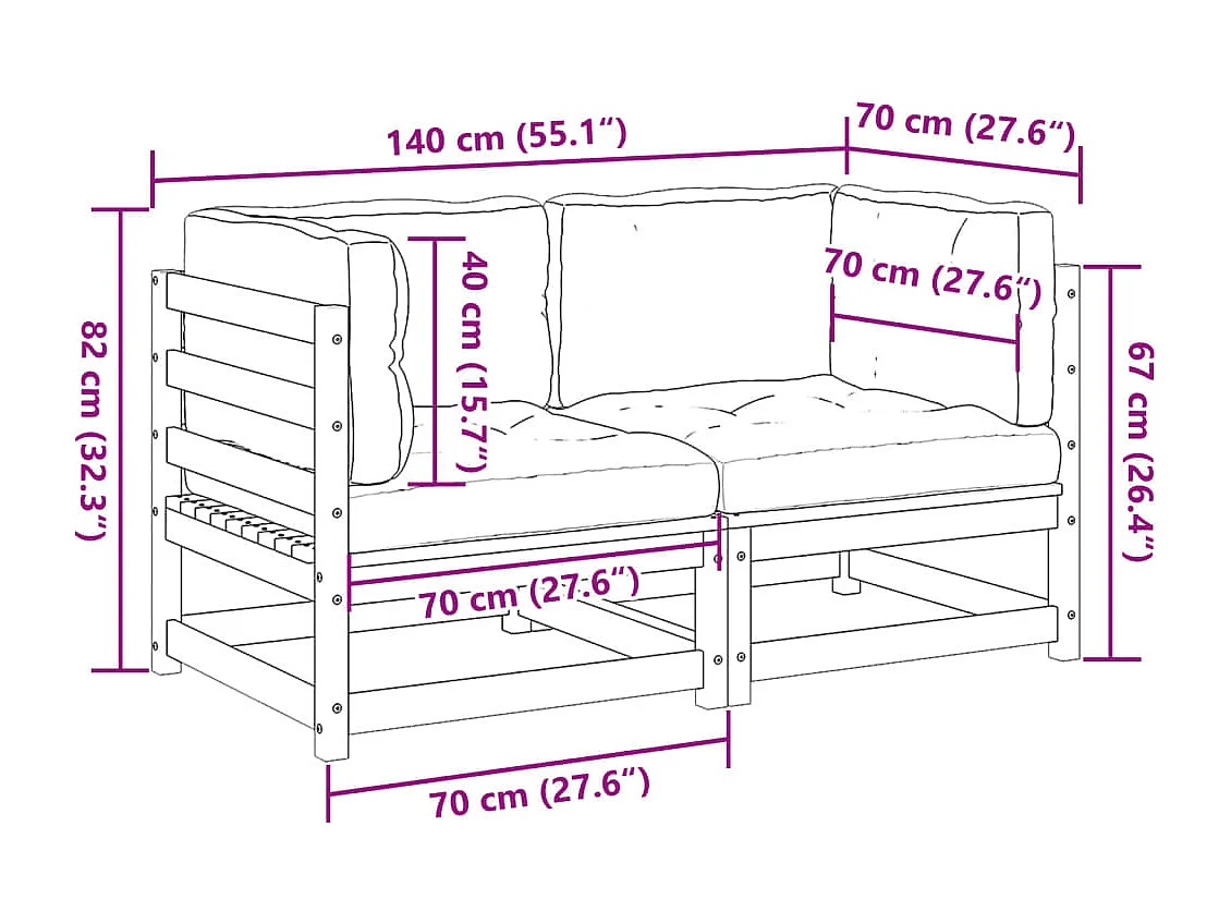 Salon de jardin 2 pcs avec coussins bois de pin massif