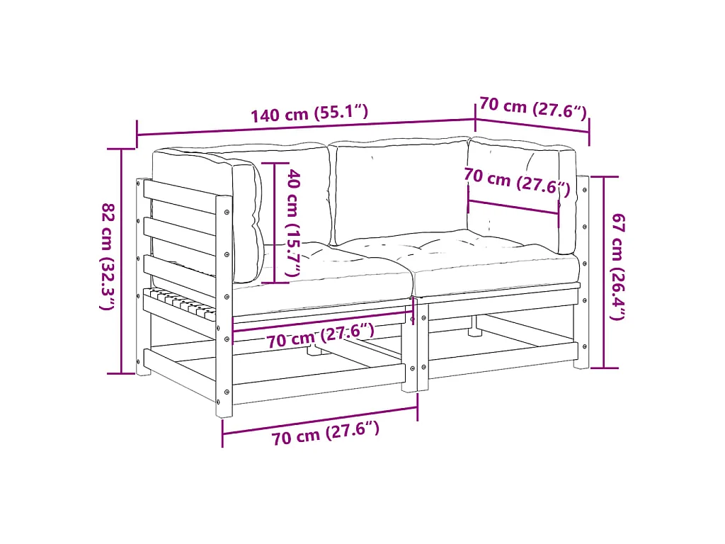 Salon de jardin 2 pcs avec coussins bois de pin massif
