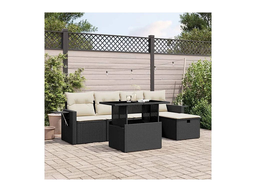6-tlg. Garten-Sofagarnitur mit Kissen Schwarz Poly Rattan