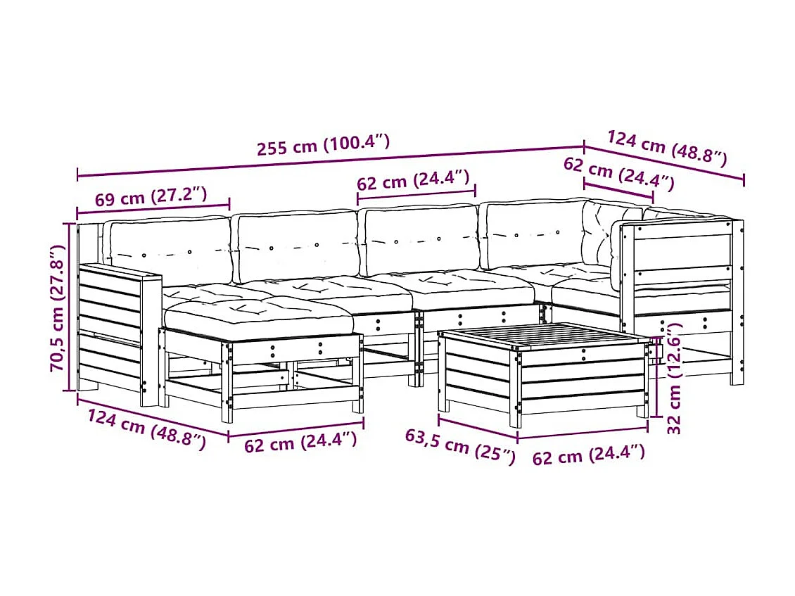 7-tlg. Garten-Lounge-Set mit Kissen Weiß Massivholz Kiefer