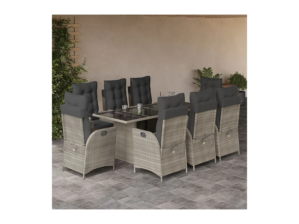 Ensemble à manger de jardin et coussins 9 pcs gris clair rotin