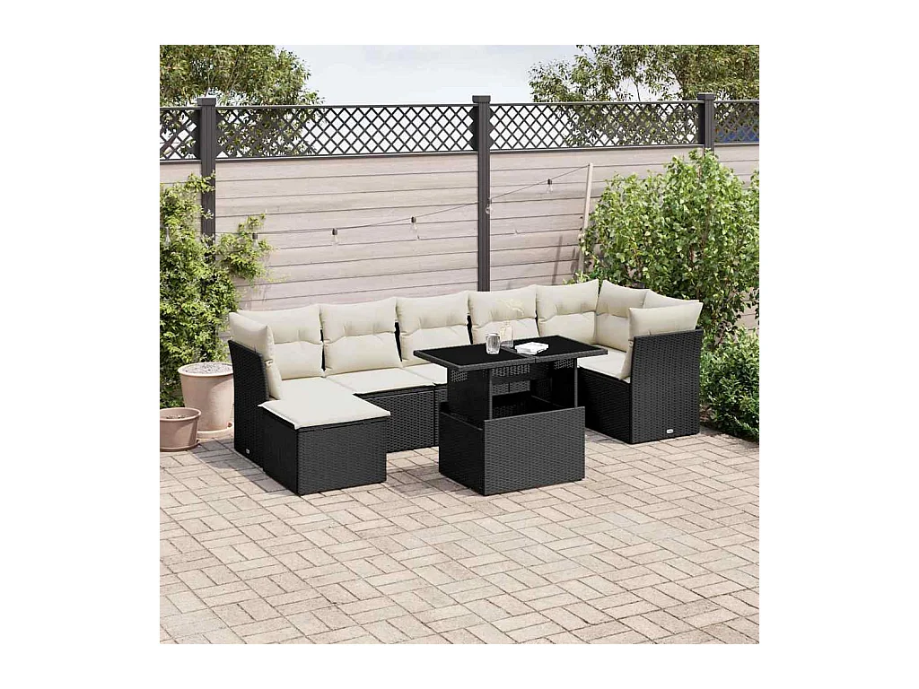 Salon de jardin 8 pcs avec coussins noir résine tressée